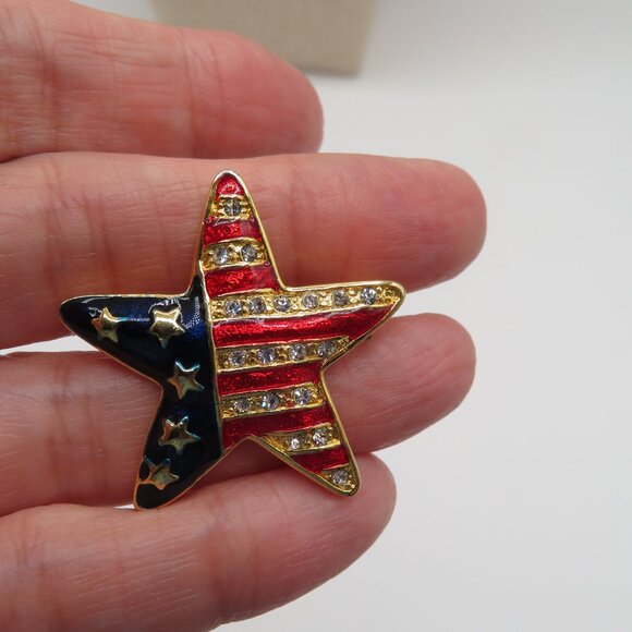 Patriotic Star Rhinestone Enamel Brooch - Picture 2 of 6
